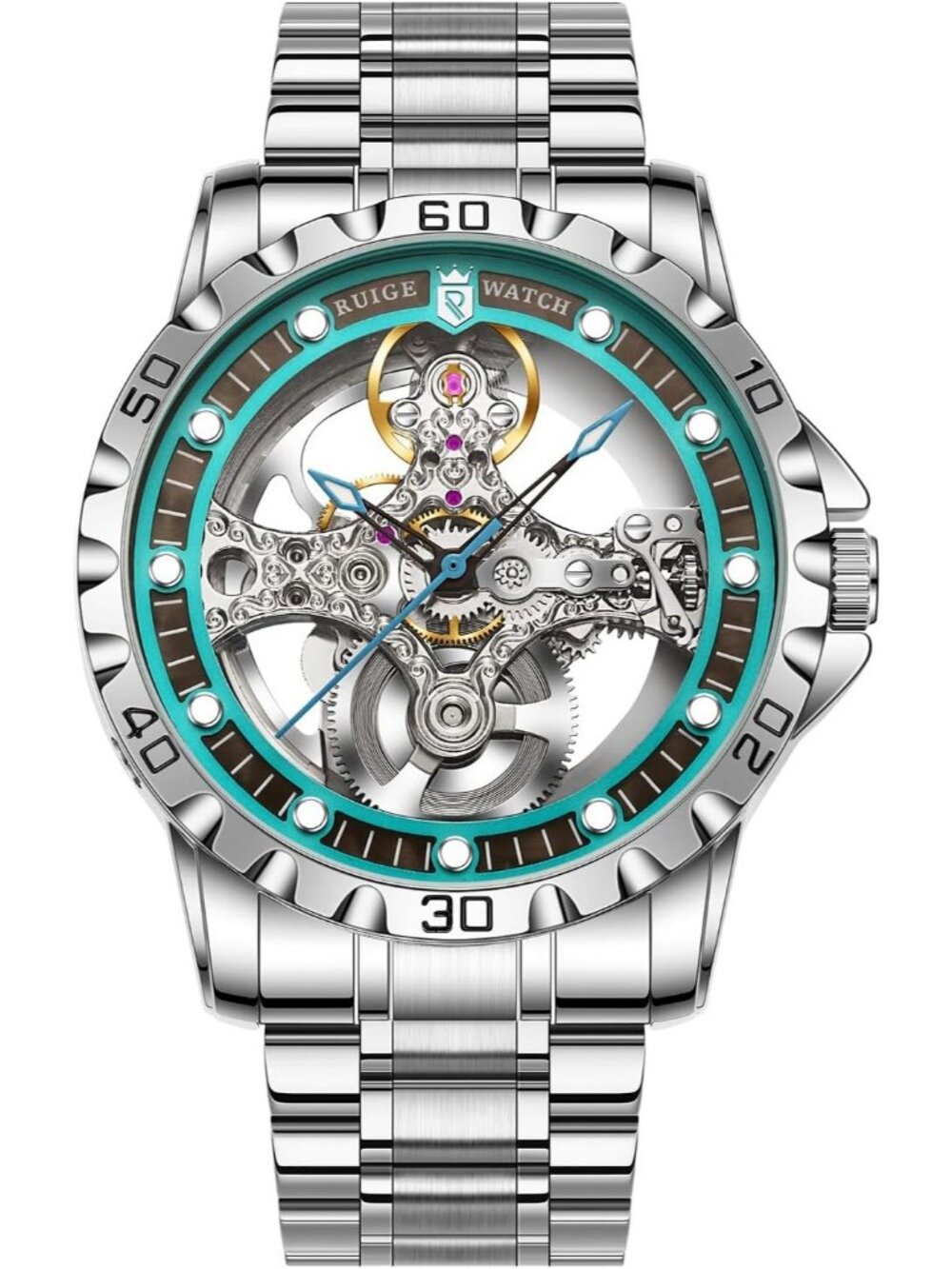 Men's Teal Skeleton Automatic Mechanical Stainless Steel Bracelet Wrist Watch